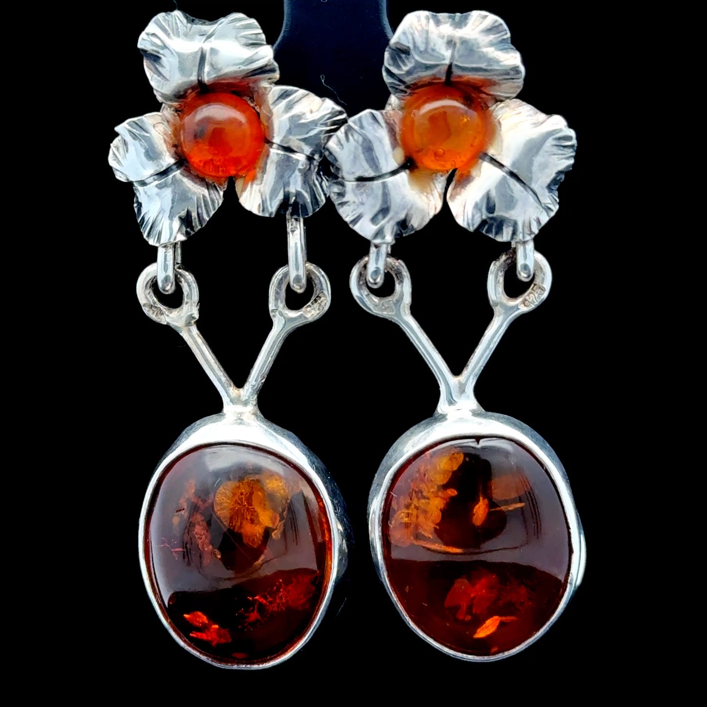 Silver Baltic Amber Flower Drop Earrings