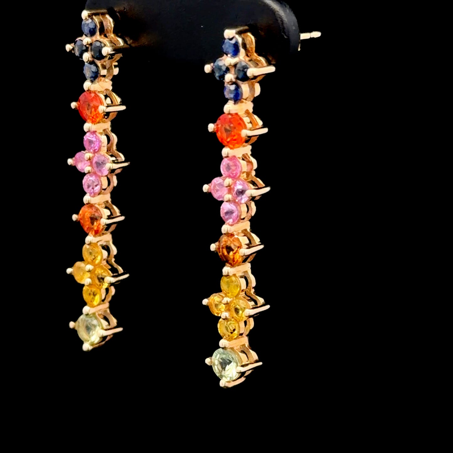 9k Yellow Gold Multi-Coloured Sapphire Graduated Cluster Dangle Earrings.