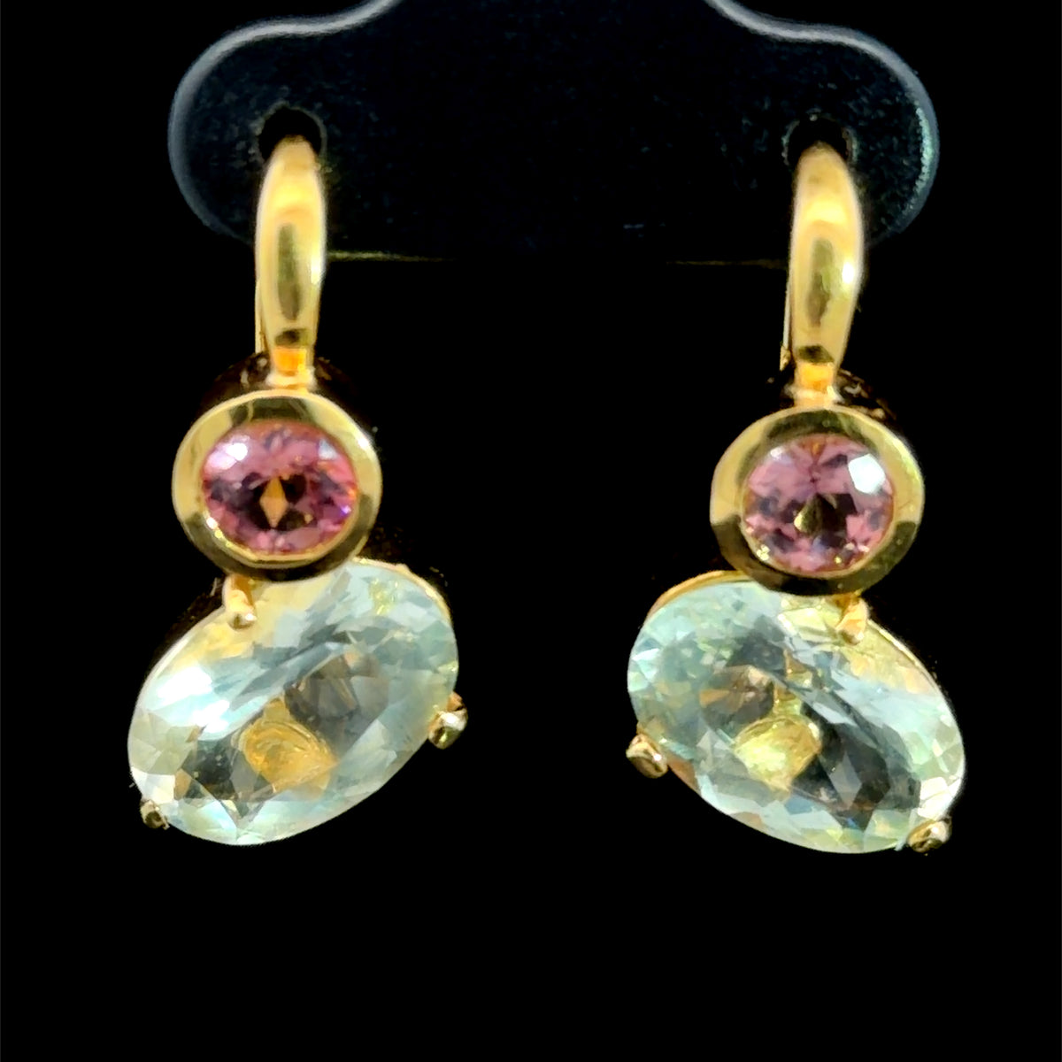 Stunning 18k Yellow Gold Aquamarine & Pink Tourmaline Hinged Lever Back Continental Clip Earrings (We Have the Matching Ring Code 8556)