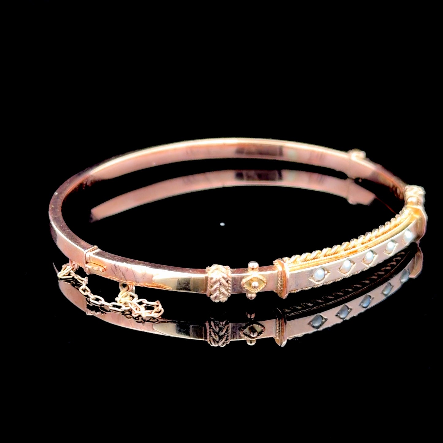 9k Rose Gold & Pearl Edwardian Bangle Rope Twist Design with Safety Chain