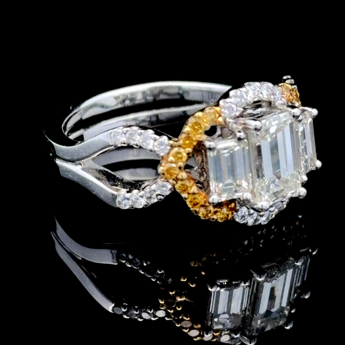 18k Yellow & White Gold Emerald Cut Diamond Trilogy Halo With A Diamond Set Twisted Shank 1.84 Cts Total