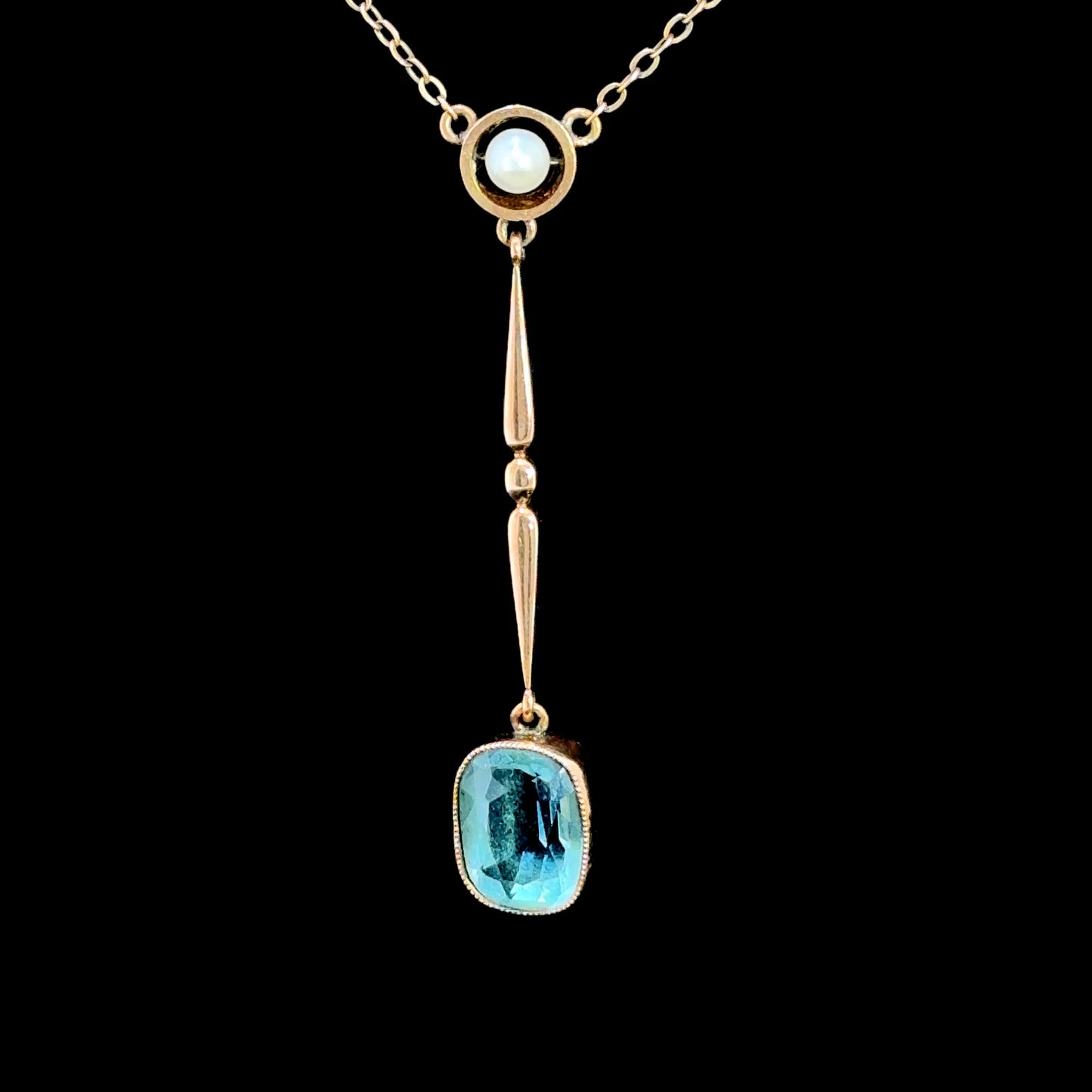 9K Yellow Gold Edwardian Pearl & Aquamarine Pendant & Chain