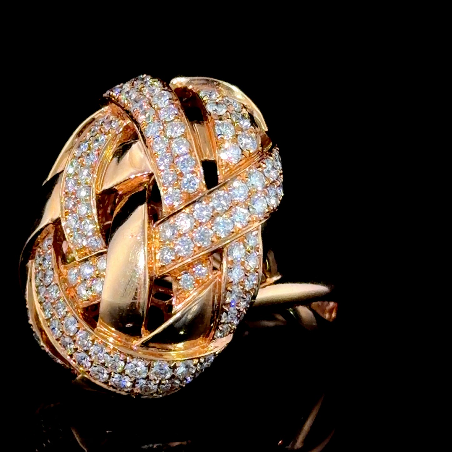 Stunning 18k Rose Gold Pave Diamond Woven Knot Ring By LTJ Hong Kong 125 Diamonds Appx 2.5 Cts