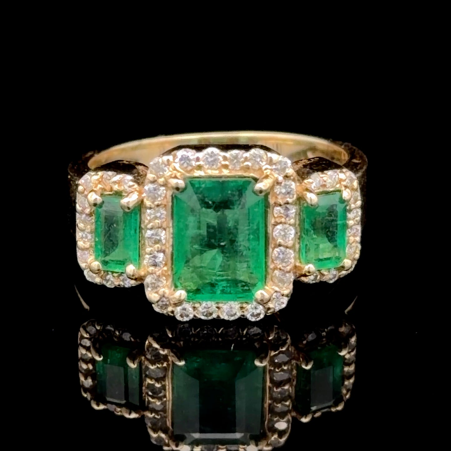 Stunning 14k Yellow Gold Emerald & Diamond Halo Trilogy Ring 2 Cts Emeralds
