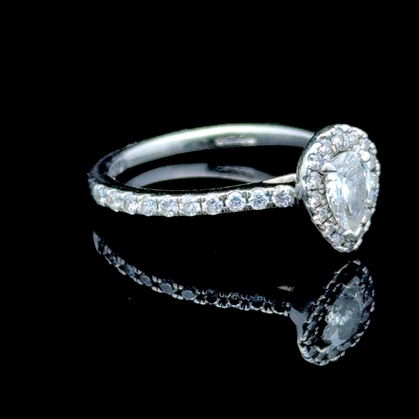 Platinum Pear Diamond Halo Ring with Diamonds to Shoulders