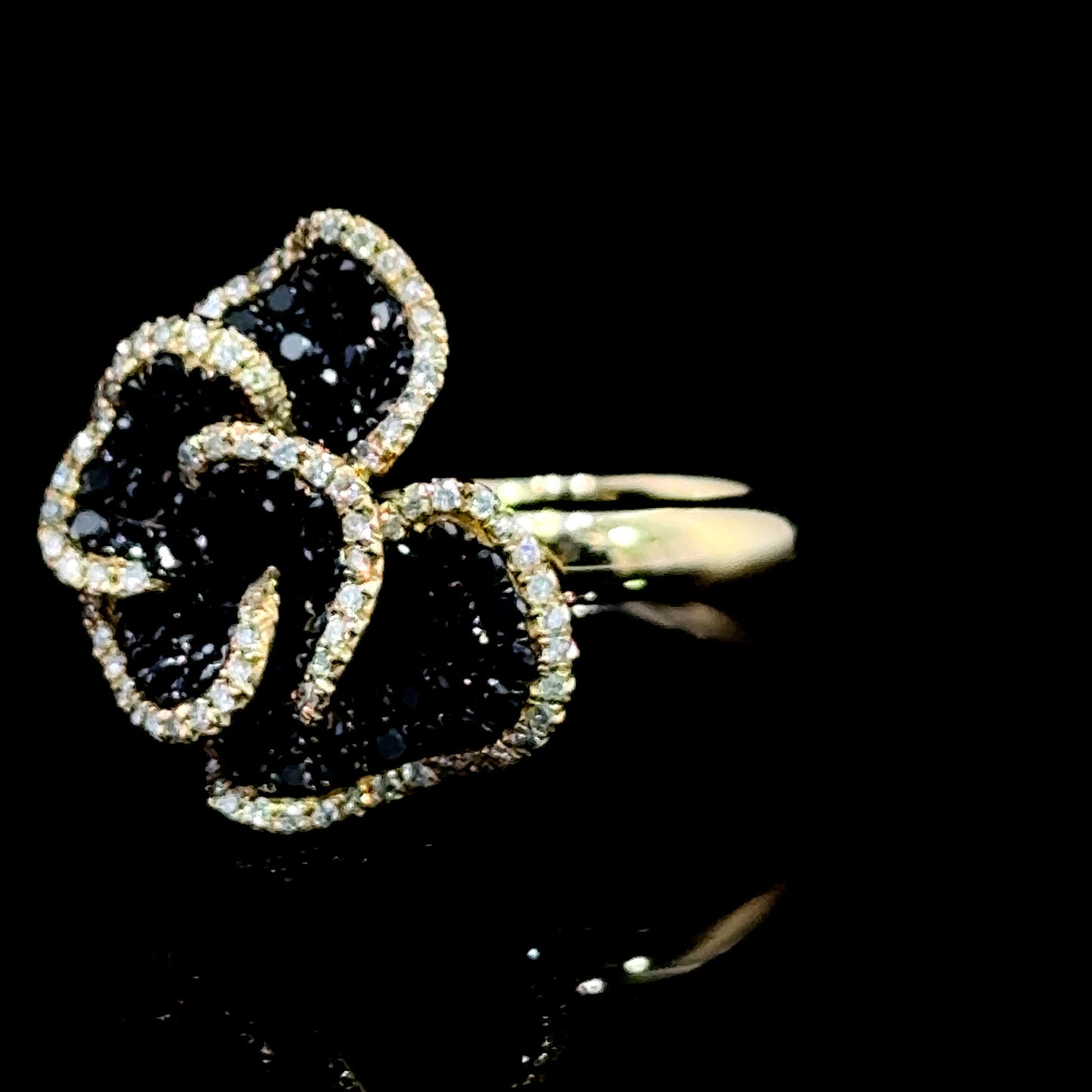14K Yellow Gold Black & White Diamond Flower Ring