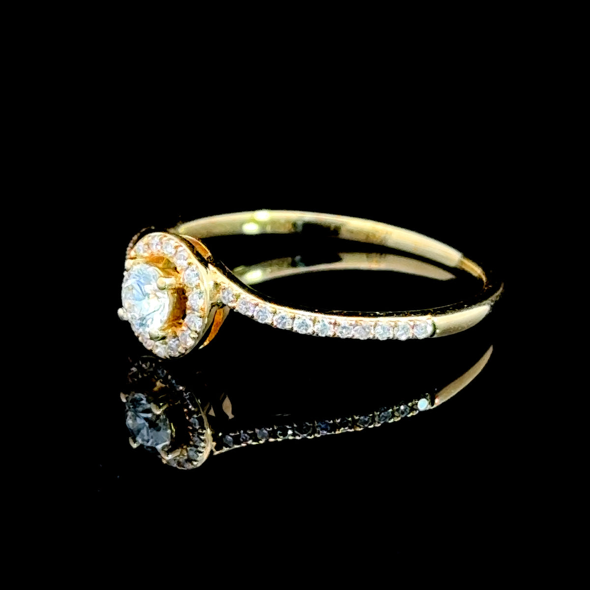 Pretty 18K Yellow Gold Diamond Halo Crossover Ring with Diamonds to Shoulders 0.28 CTS