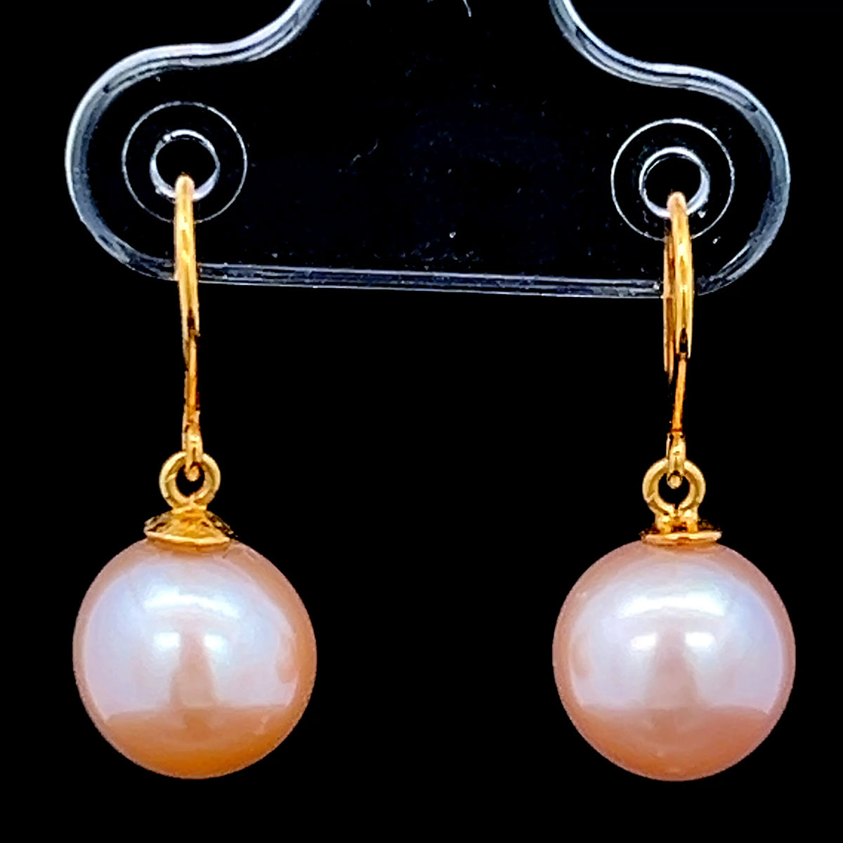 18K Yellow Gold Pink Pearl Hook Drop Earrings 8mm