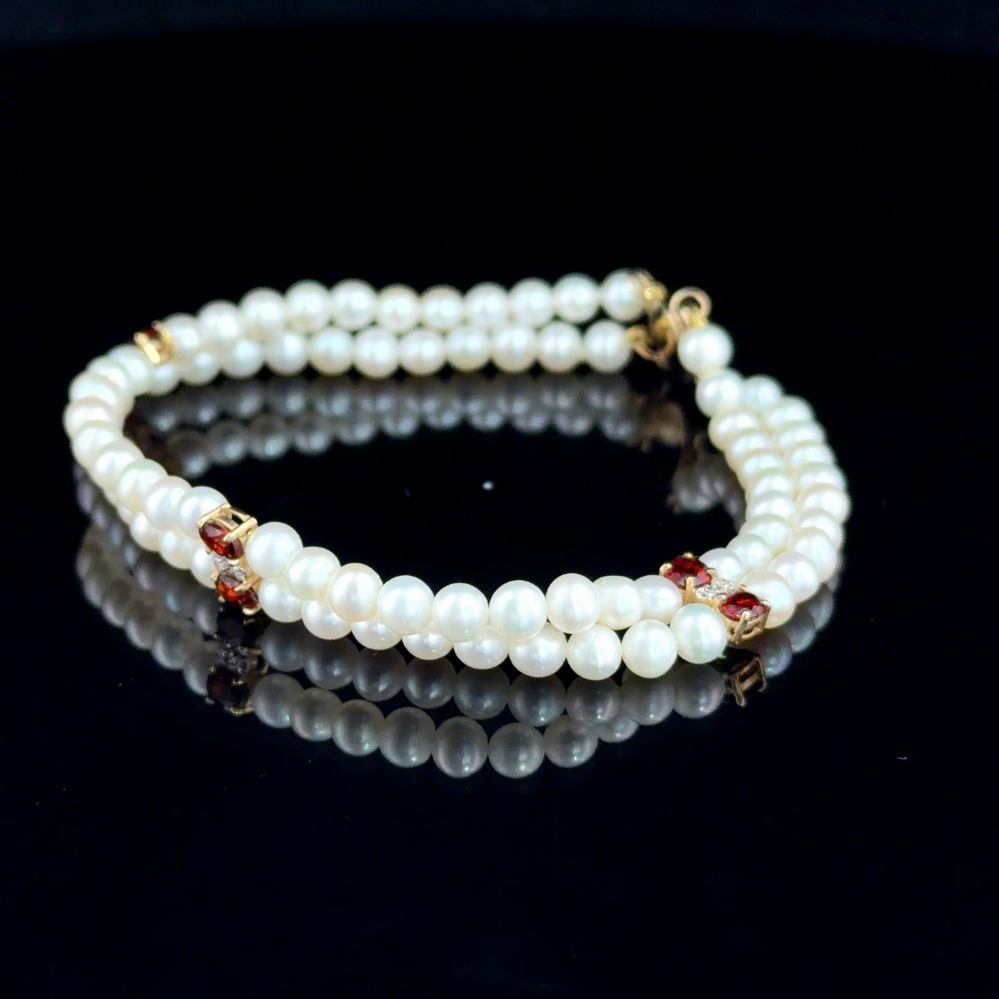 A Very Pretty Double Row Pearl Bracelet Having 14k Yellow Gold Garnet & Diamond Accents & 14k Gold Clasp Part Of The Ronald Charles Collection