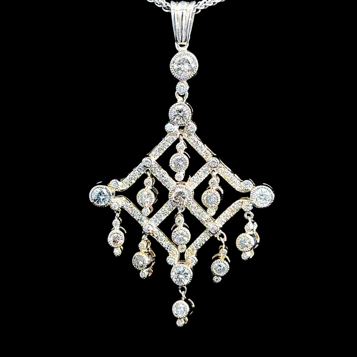 14K White Gold Diamond Chandelier Pendant & 9K White Gold Chain APPX 2.6 CTS The Ronald Charles Collection