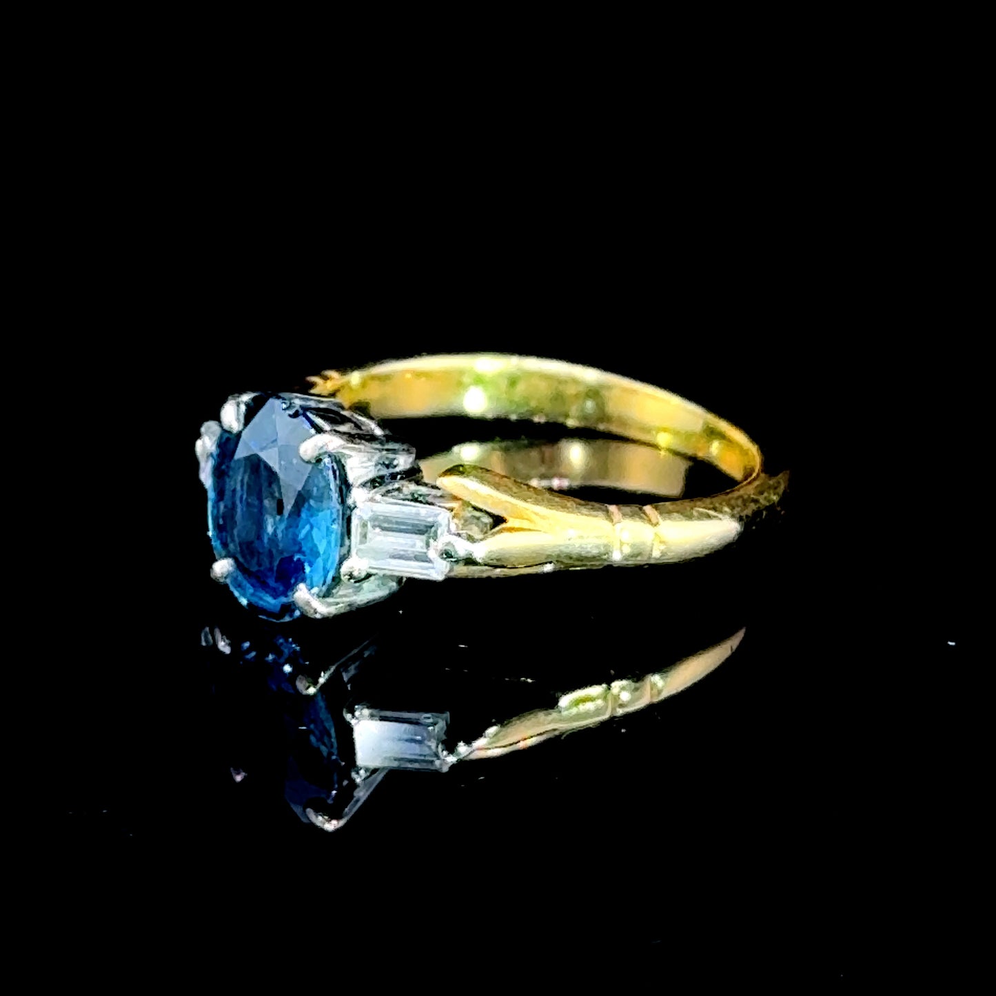 18K Yellow Gold & White Gold Sapphire & Baguette Diamond Trilogy Ring CERTIFIED S: 1.60 CTS D: 0.28 CTS