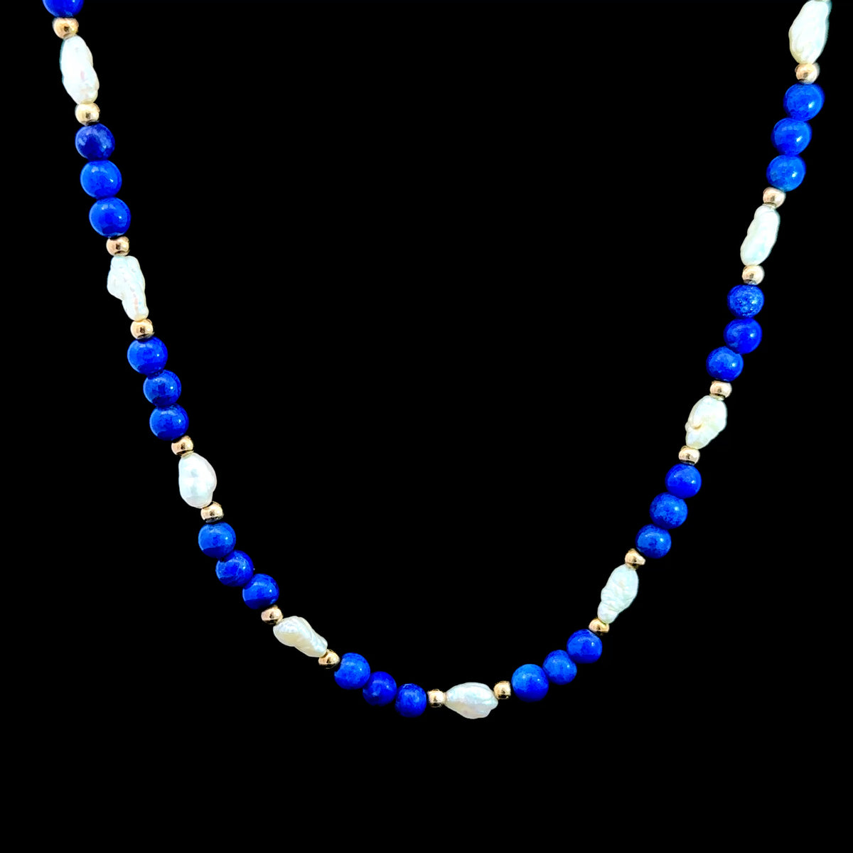 Stunning 9K Yellow Gold Lapis Lazuli & Freshwater Pearl Necklace
