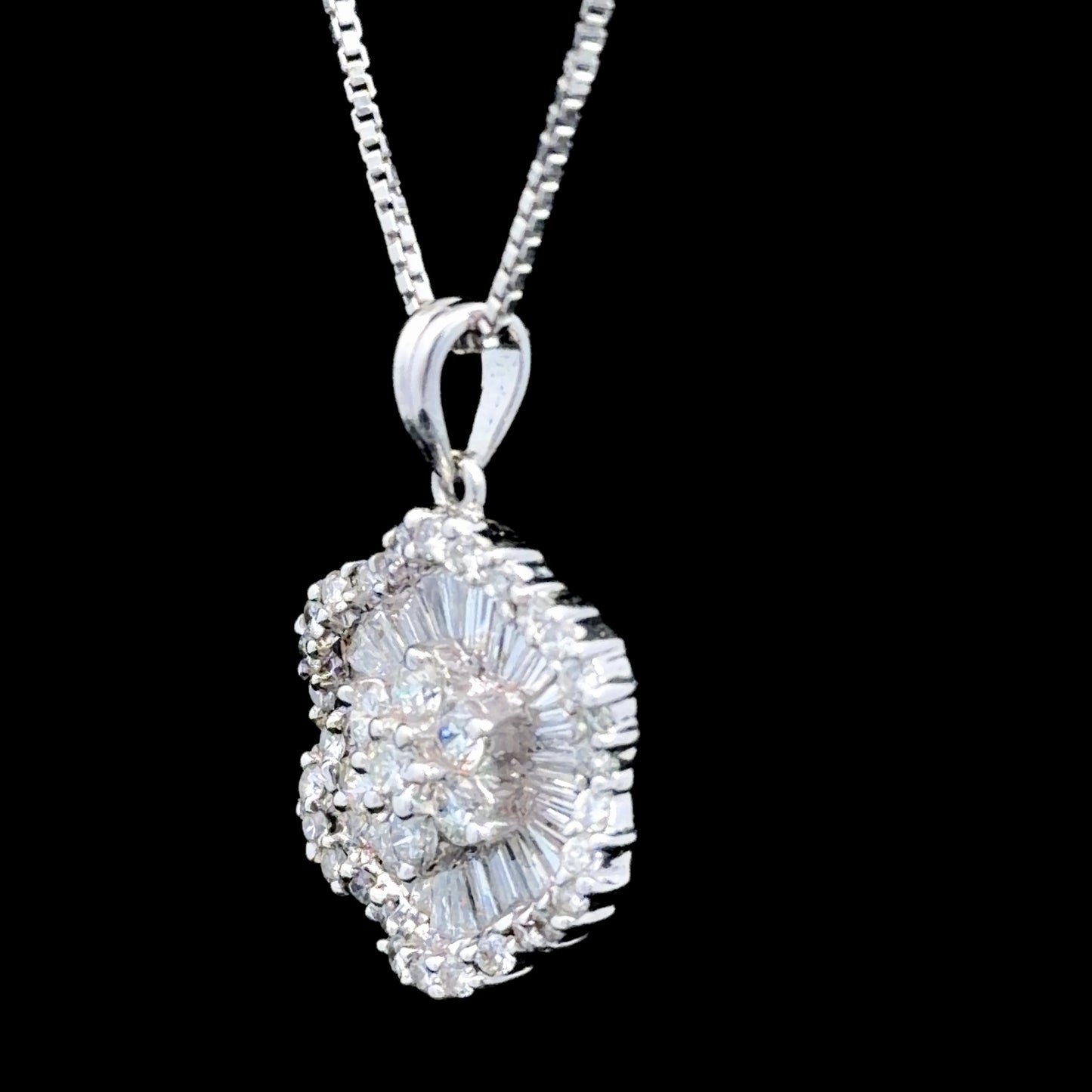 Gorgeous 18k White Gold Baguette & Round Cut Diamond Cluster Pendant With Box Chain Appx 1.2 Cts