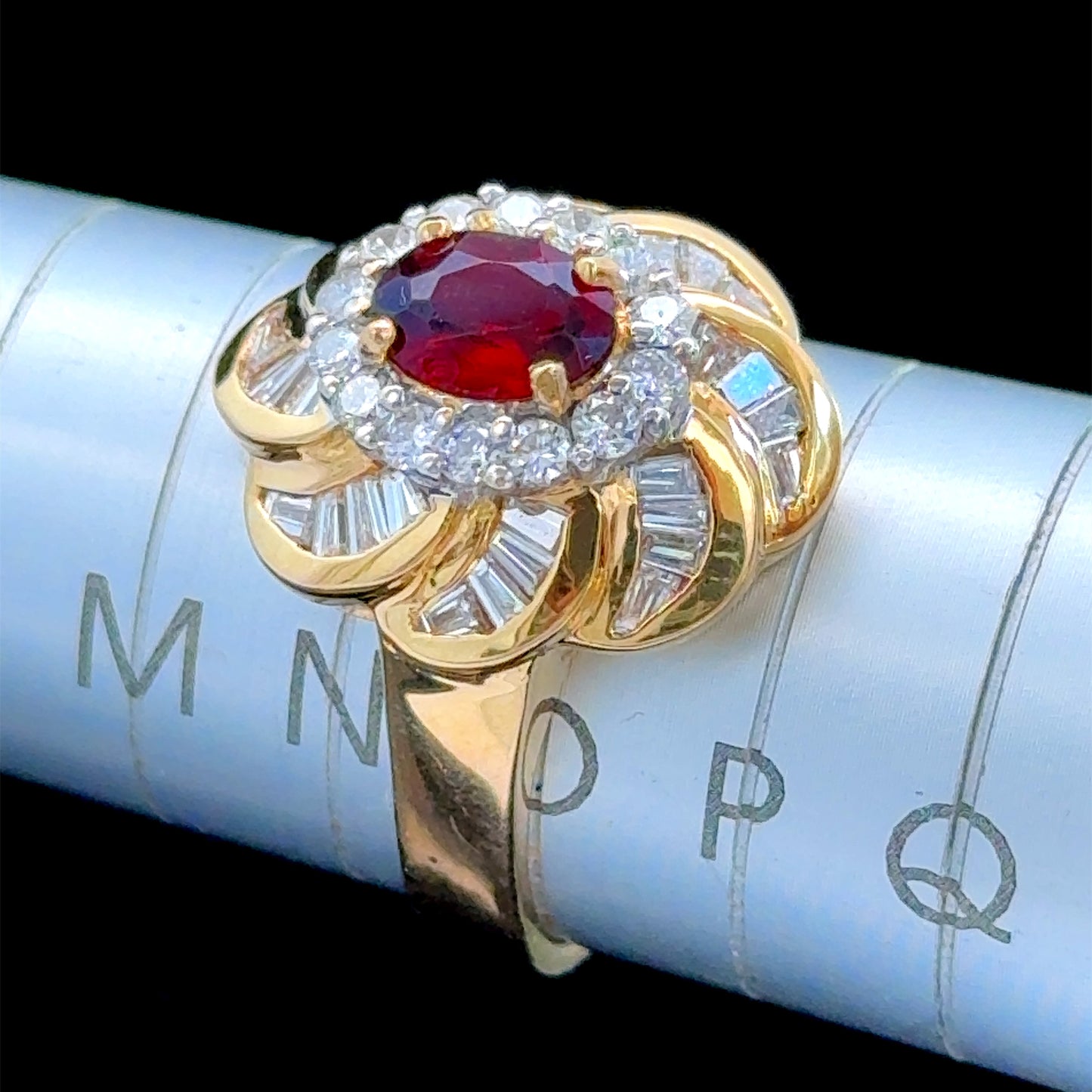 18k Yellow Gold Rhodolite Round & Baguette Diamond Cluster Ring Appx 1.0cts