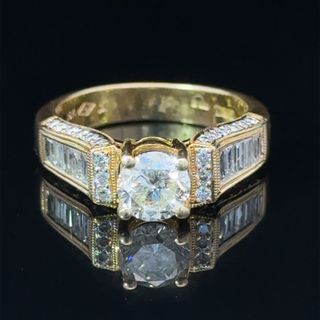 18K Yellow Gold Diamond Solitaire & Baguette Shoulders Engagement Ring