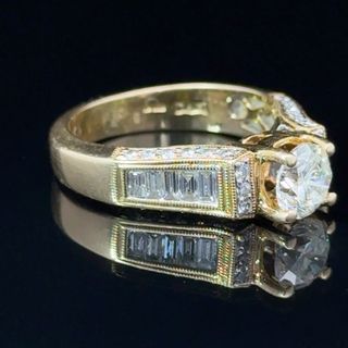 18K Yellow Gold Diamond Solitaire & Baguette Shoulders Engagement Ring