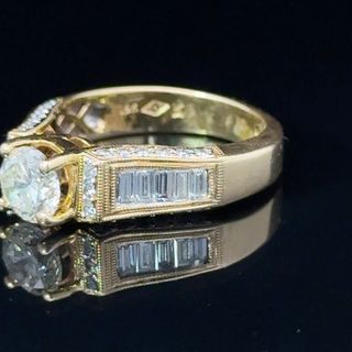 18K Yellow Gold Diamond Solitaire & Baguette Shoulders Engagement Ring