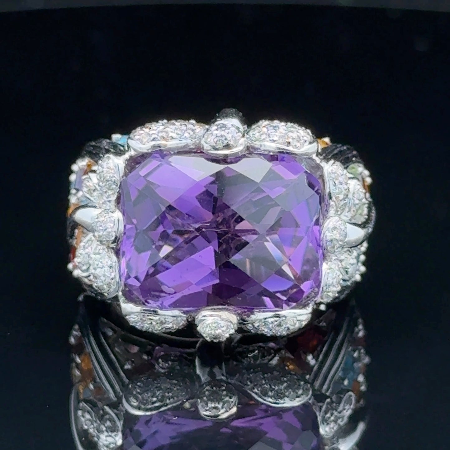 18K White Gold Large Amethyst & Diamond Gemstone Ring