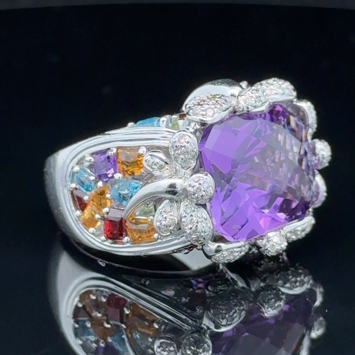 18K White Gold Large Amethyst & Diamond Gemstone Ring