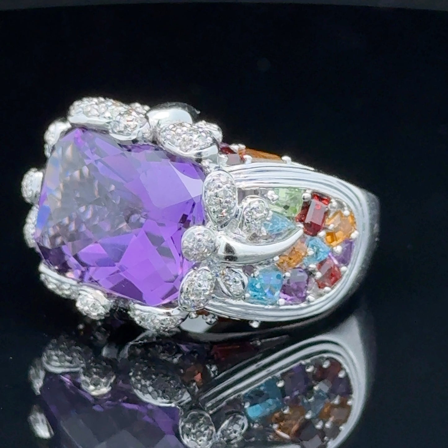 18K White Gold Large Amethyst & Diamond Gemstone Ring