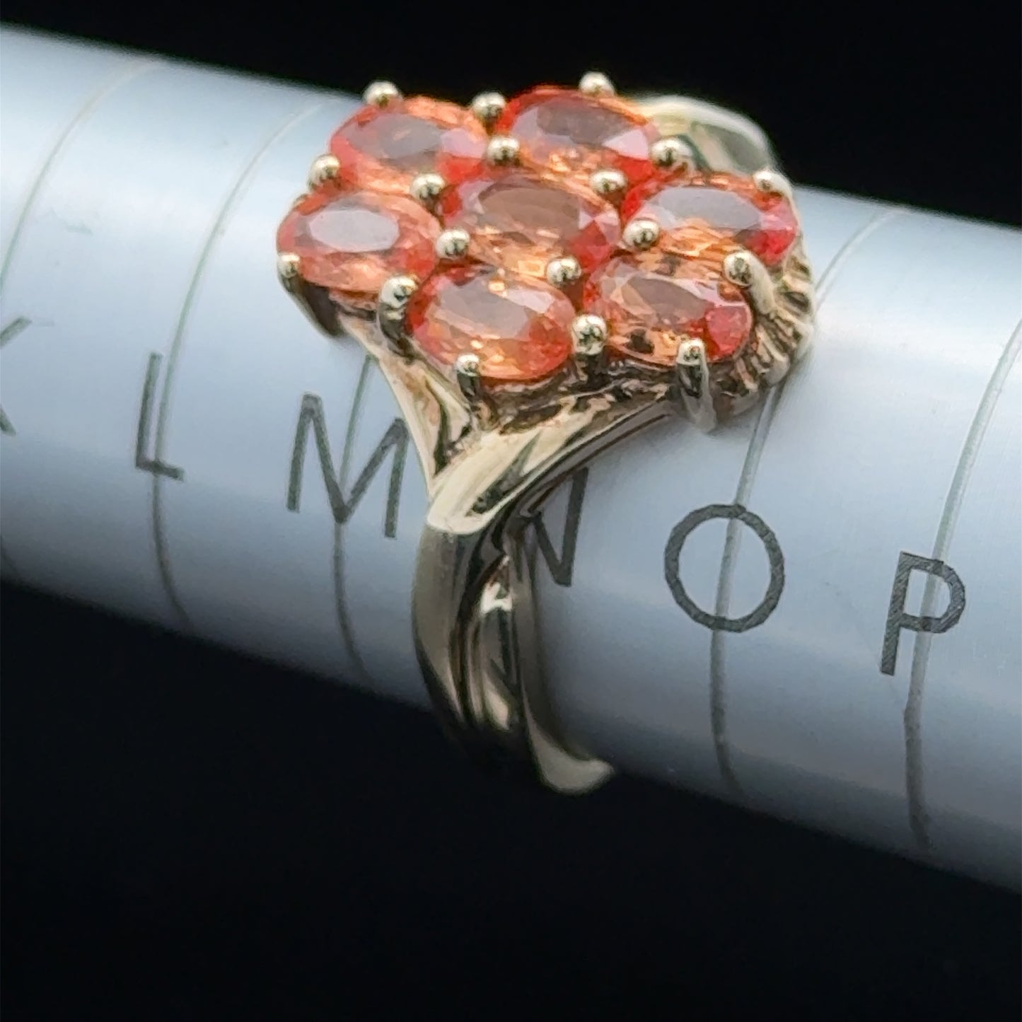 9K Yellow Gold Ring 7 Stone Orange Sapphire Cluster