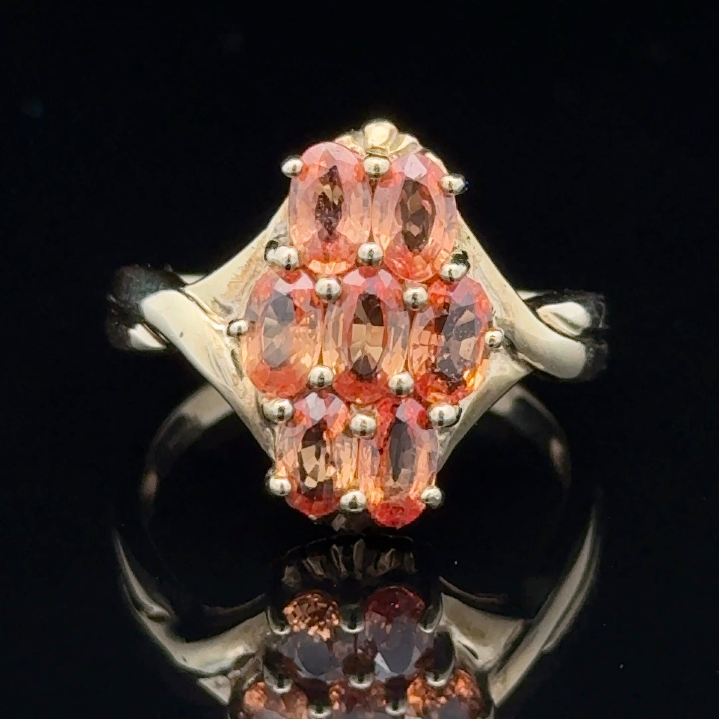 9K Yellow Gold Ring 7 Stone Orange Sapphire Cluster
