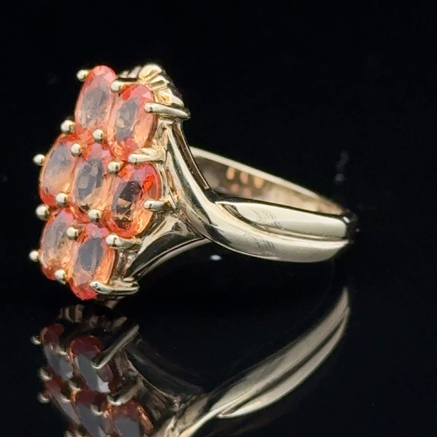 9K Yellow Gold Ring 7 Stone Orange Sapphire Cluster