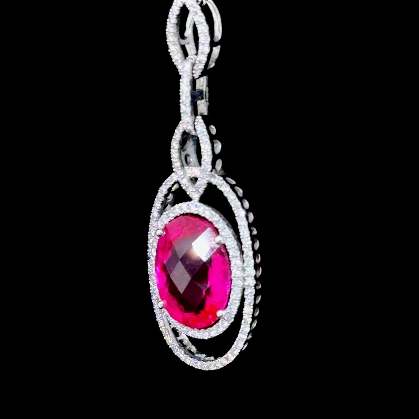 14K White Gold Pink Spinel  & Diamond Drop Pendant & Chain