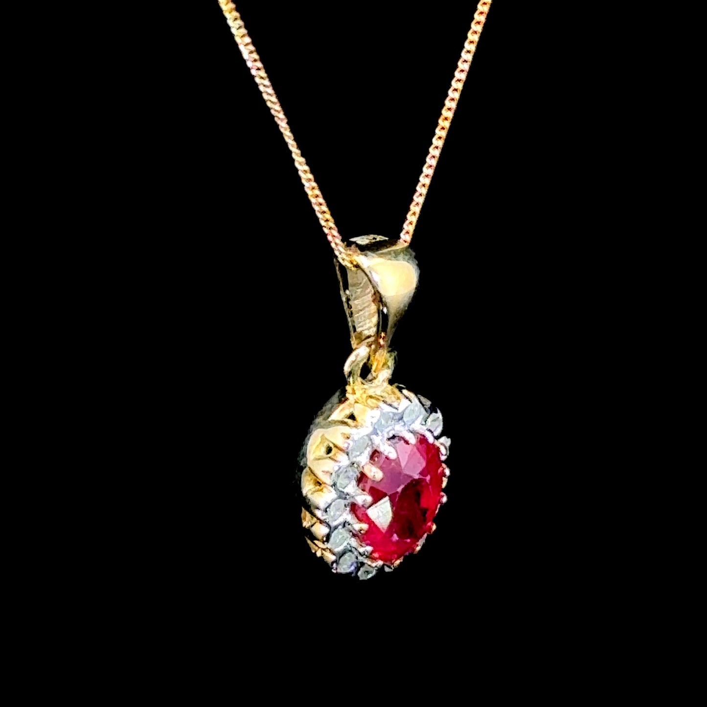 9K Yellow Gold Ruby & Diamond Pendant & Chain