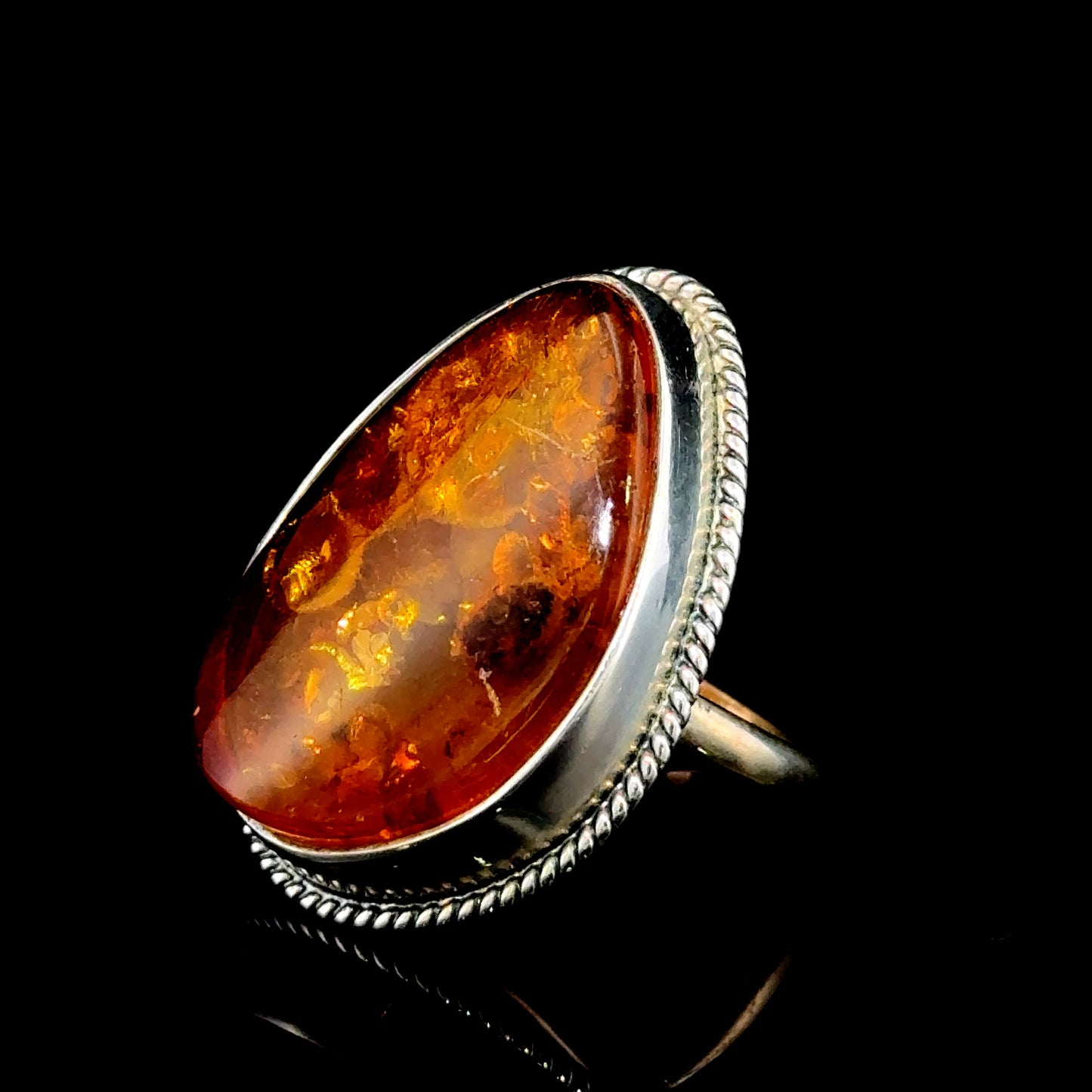 Silver Pear Shaped Baltic Amber Ring