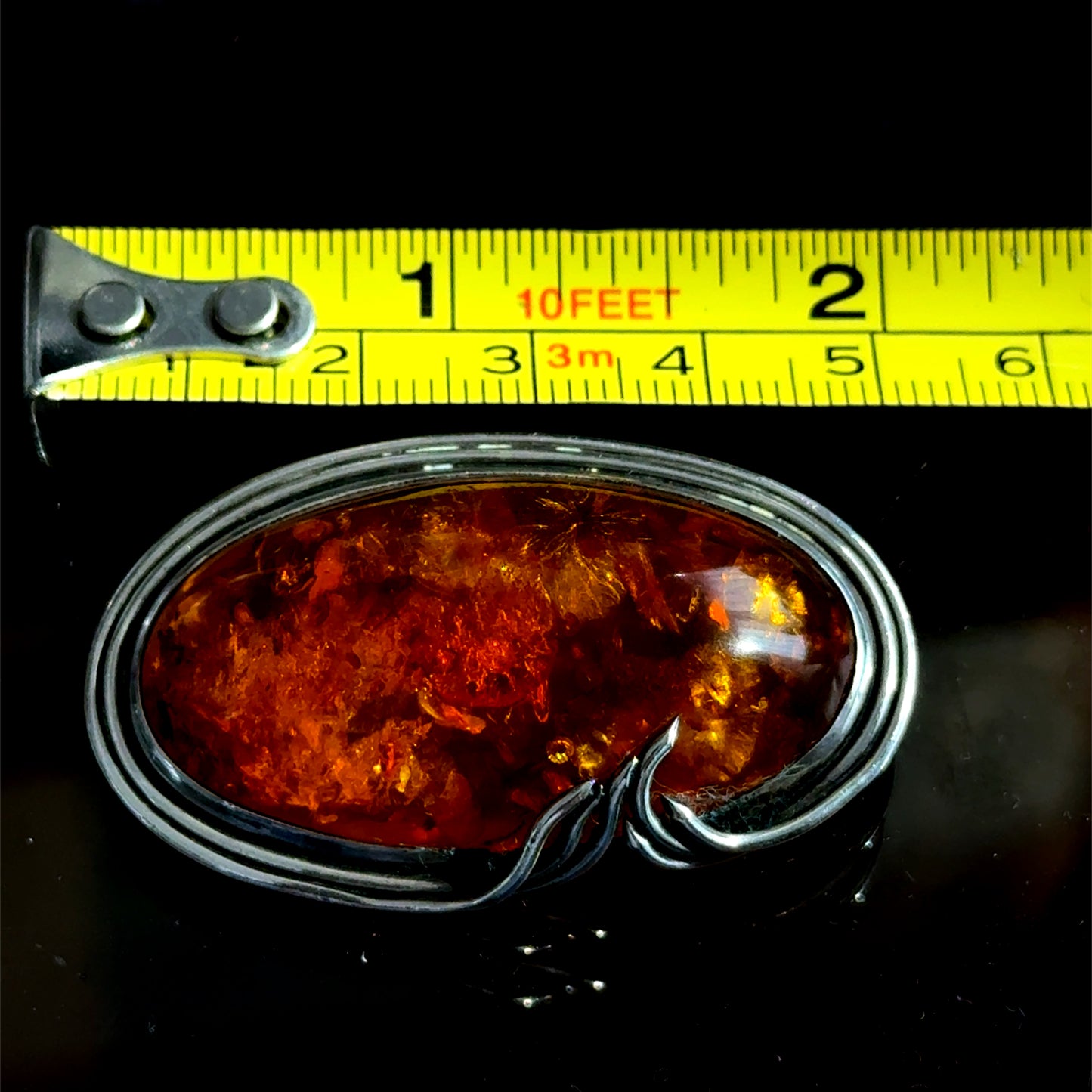 Lovely Large Silver Oval Amber Brooch