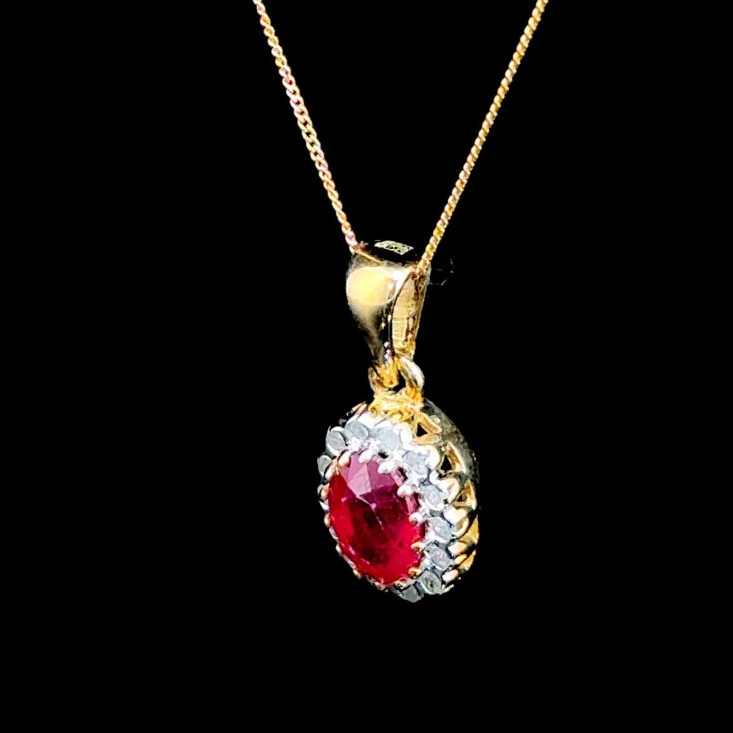 9K Yellow Gold Ruby & Diamond Pendant & Chain
