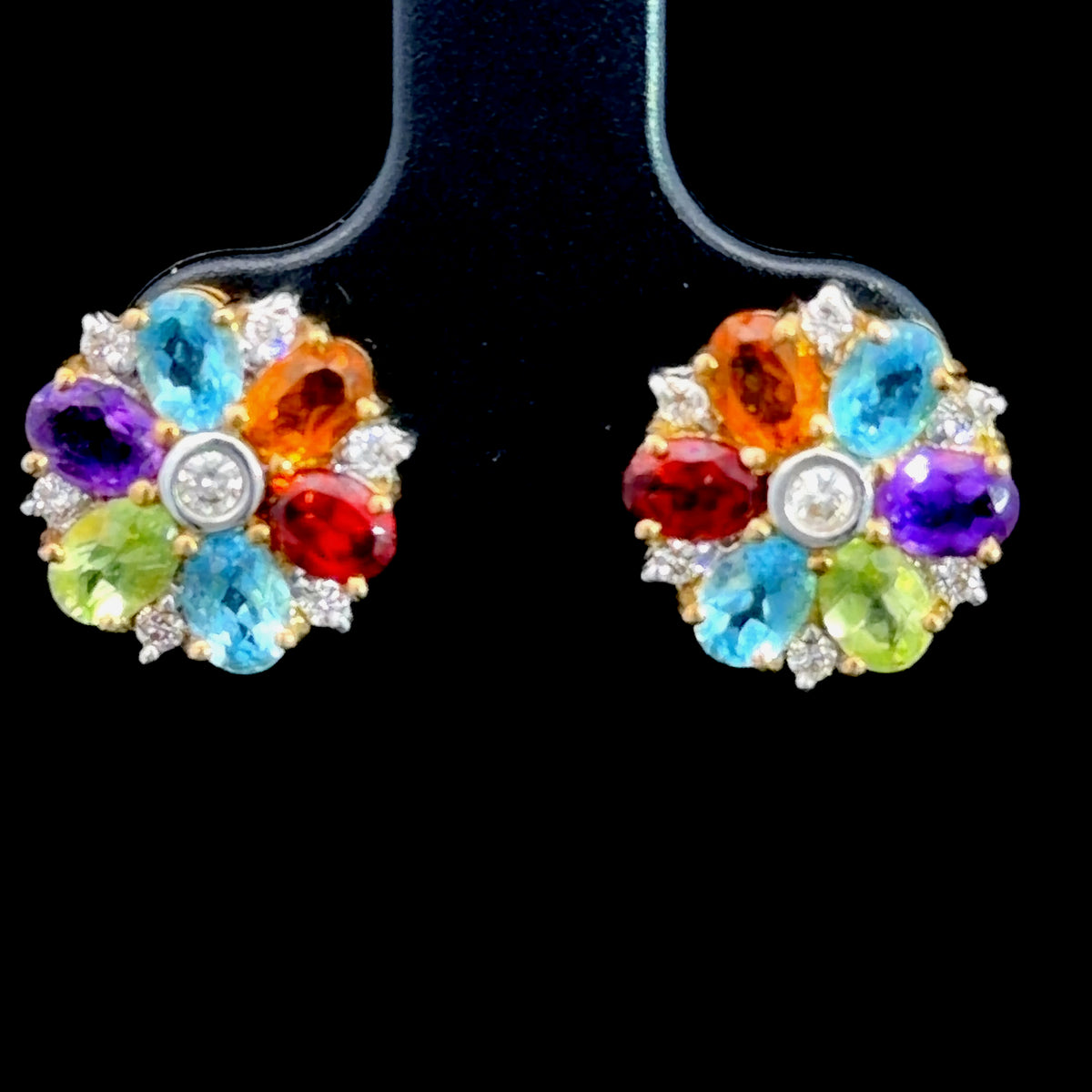 18K Yellow Gold Diamond, Blue Topaz, Amethyst, Peridot, Citrine & Garnet Daisy Studs
