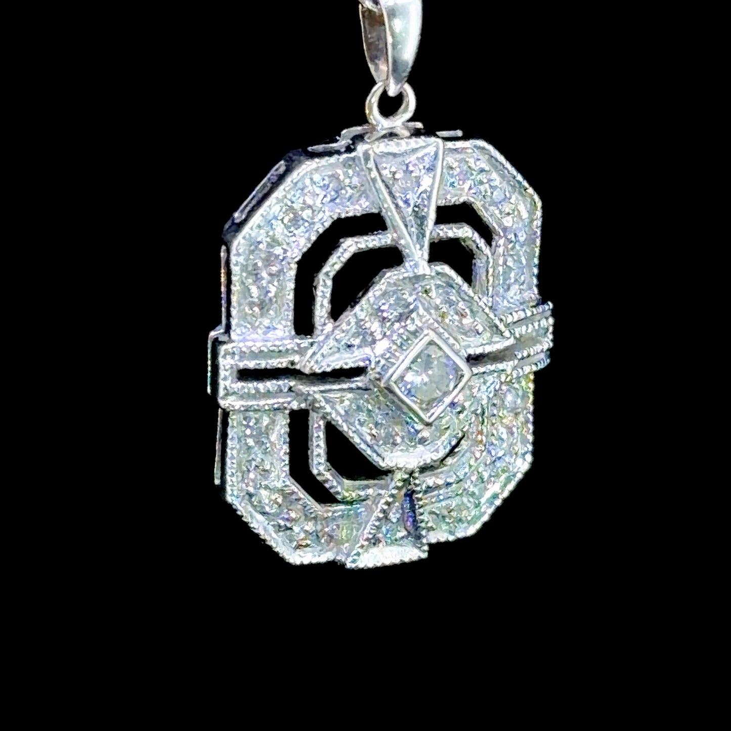 18k White Gold Deco Style Rectangular Diamond Pendant & Chain Appx 0.5 Cts
