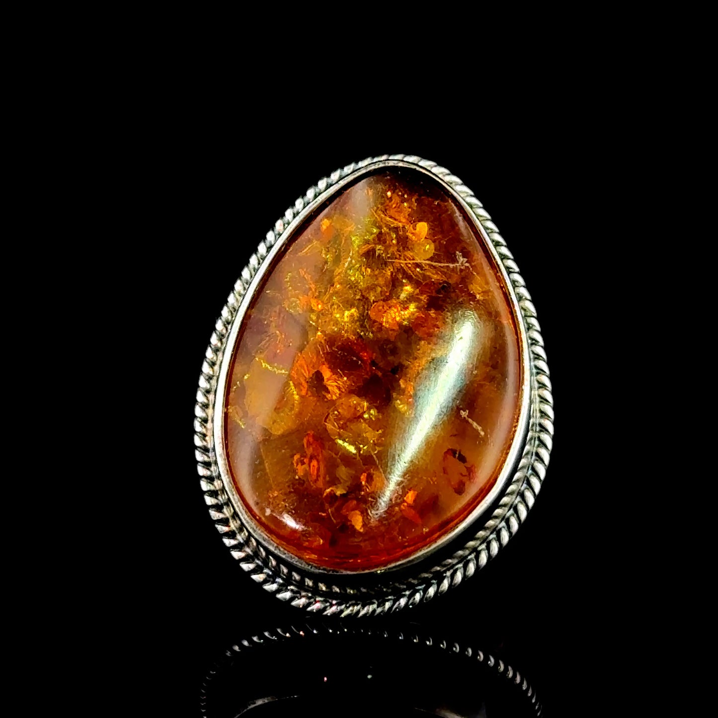 Silver Pear Shaped Baltic Amber Ring