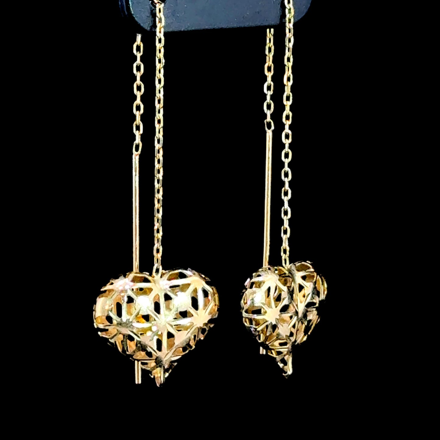 9K Yellow Gold Heart Drop Chain Earrings