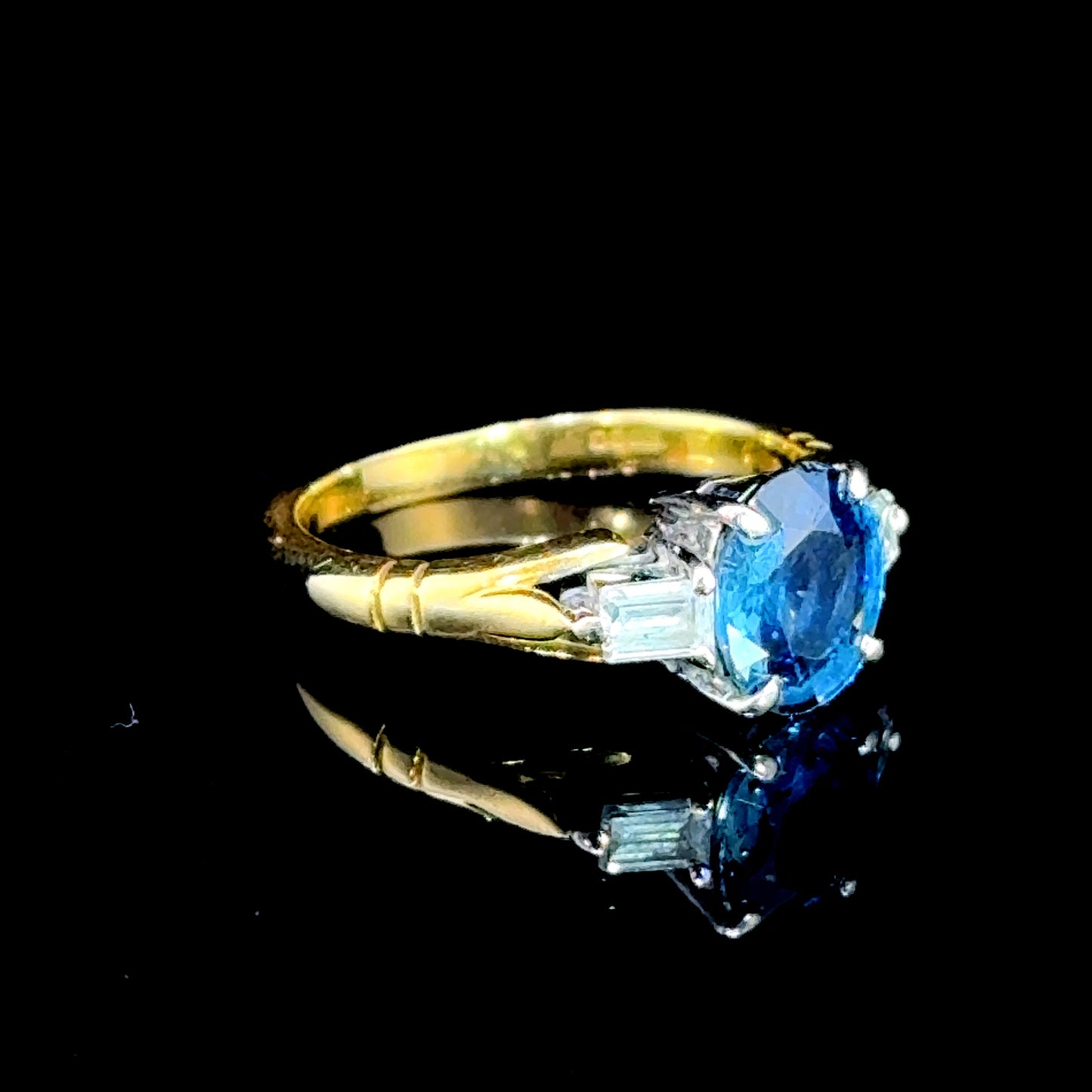 18K Yellow Gold & White Gold Sapphire & Baguette Diamond Trilogy Ring CERTIFIED S: 1.60 CTS D: 0.28 CTS
