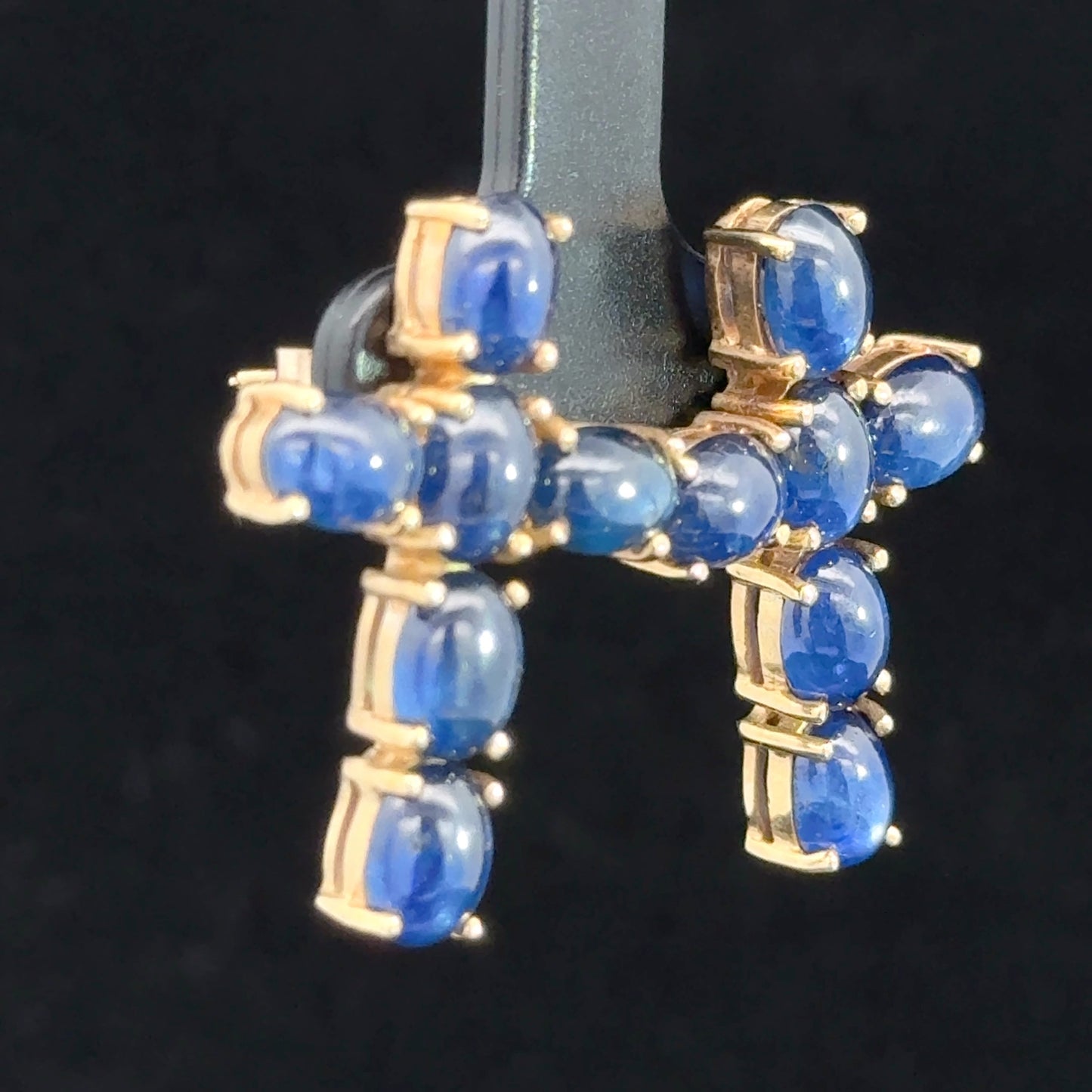9K Yellow Gold Cabochon Sapphire Cross Ear Studs