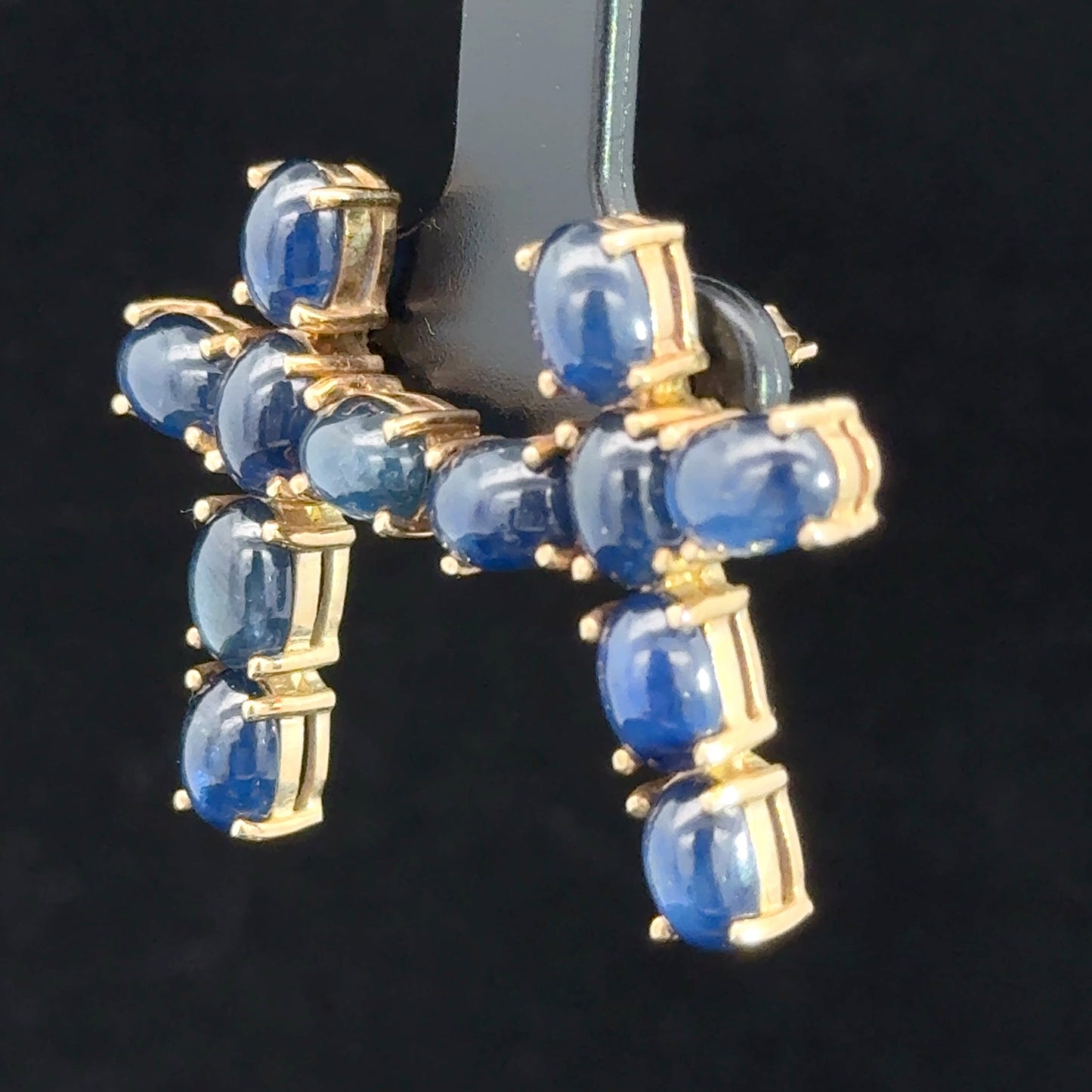 9K Yellow Gold Cabochon Sapphire Cross Ear Studs