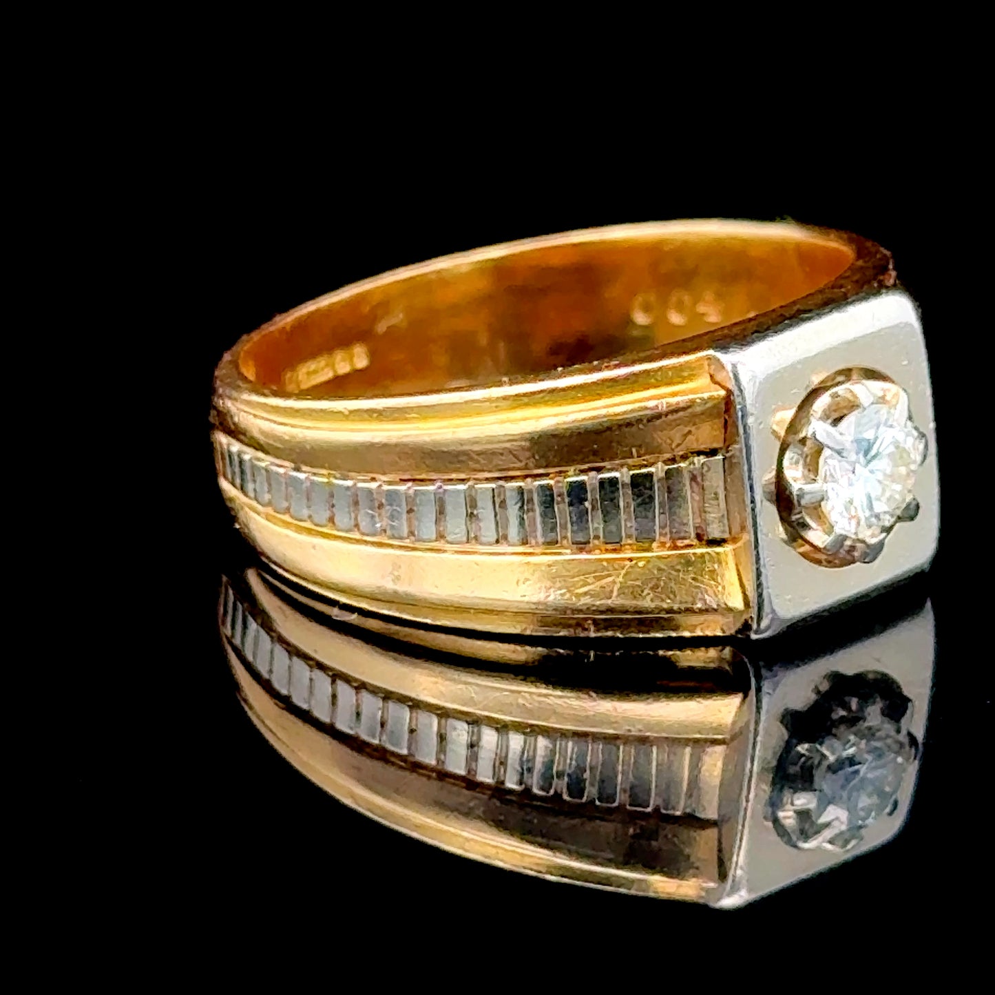 18K Mans Yellow Gold / White Gold Square Set Diamond Ring