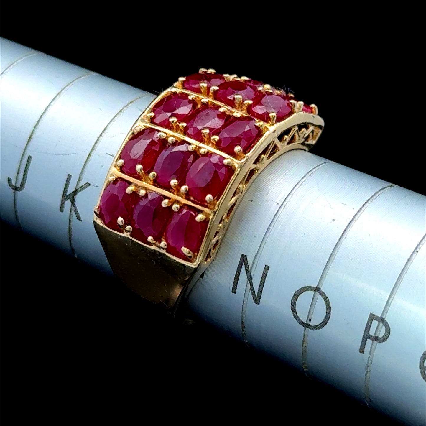14K Yellow Gold Ruby Ring 3 Rows 5 Stones 3CT