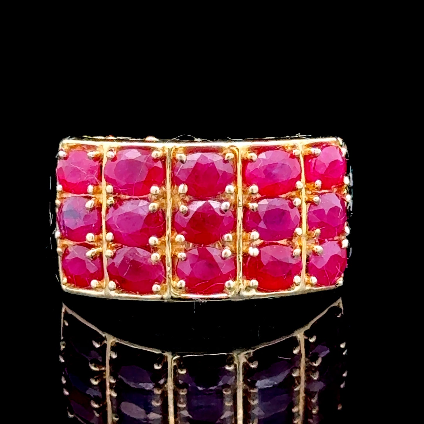 14K Yellow Gold Ruby Ring 3 Rows 5 Stones 3CT
