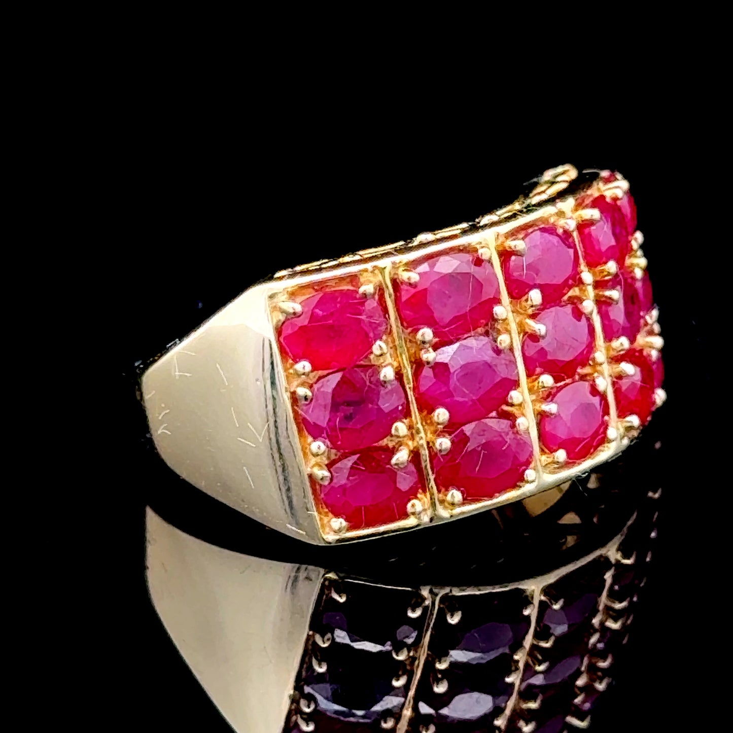 14K Yellow Gold Ruby Ring 3 Rows 5 Stones 3CT