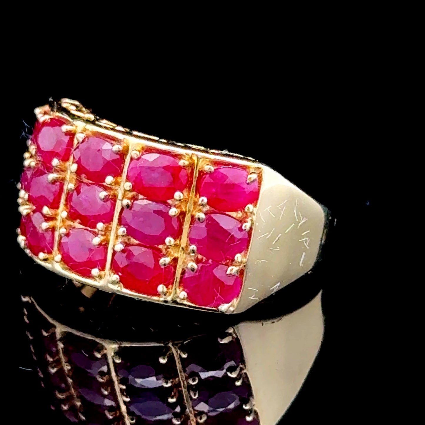 14K Yellow Gold Ruby Ring 3 Rows 5 Stones 3CT