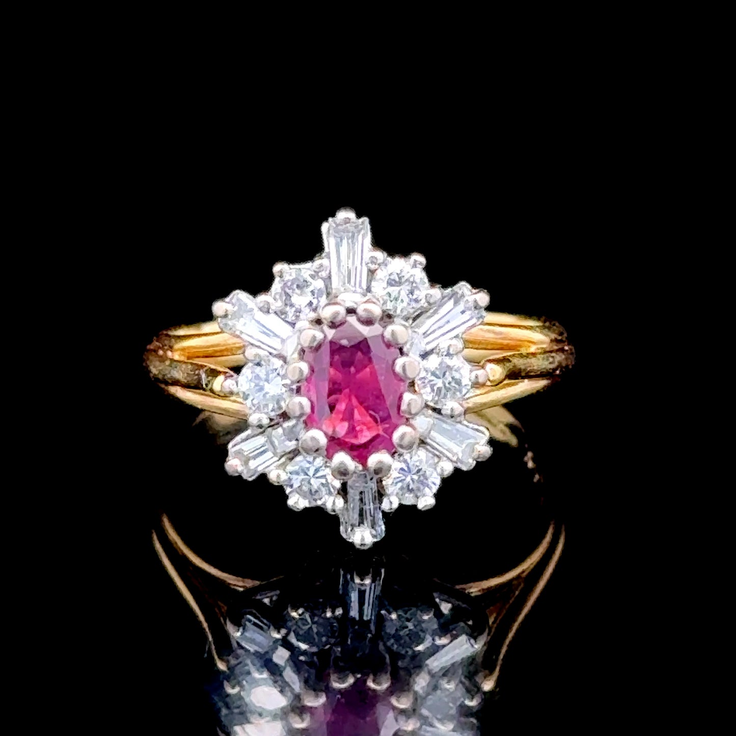 18K Gold Ruby & Diamond Cluster Ring Size G1/2 Can Be Sized