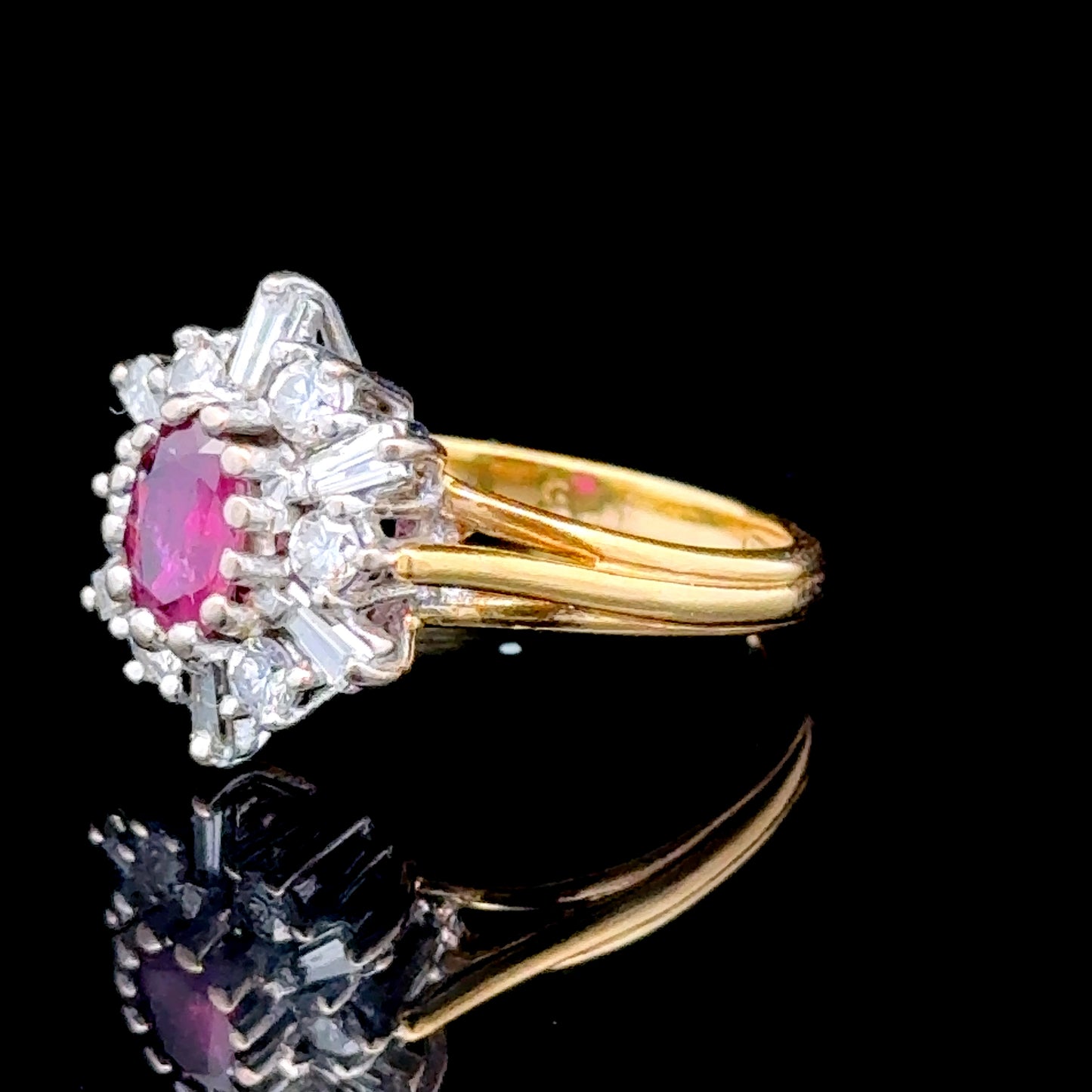 18K Gold Ruby & Diamond Cluster Ring Size G1/2 Can Be Sized