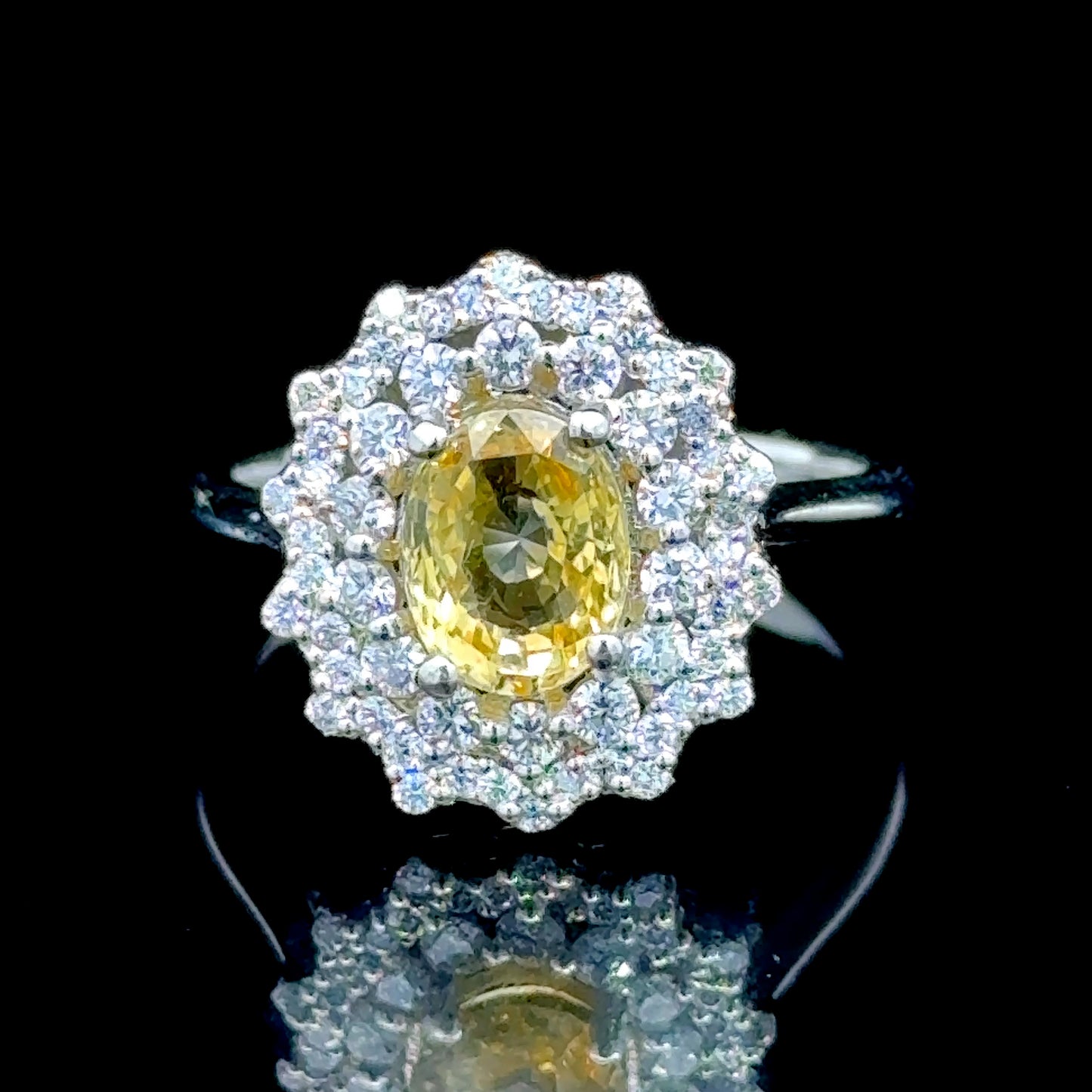 Platinum Yellow Sapphire & Diamond Cluster ring Size L1/2
