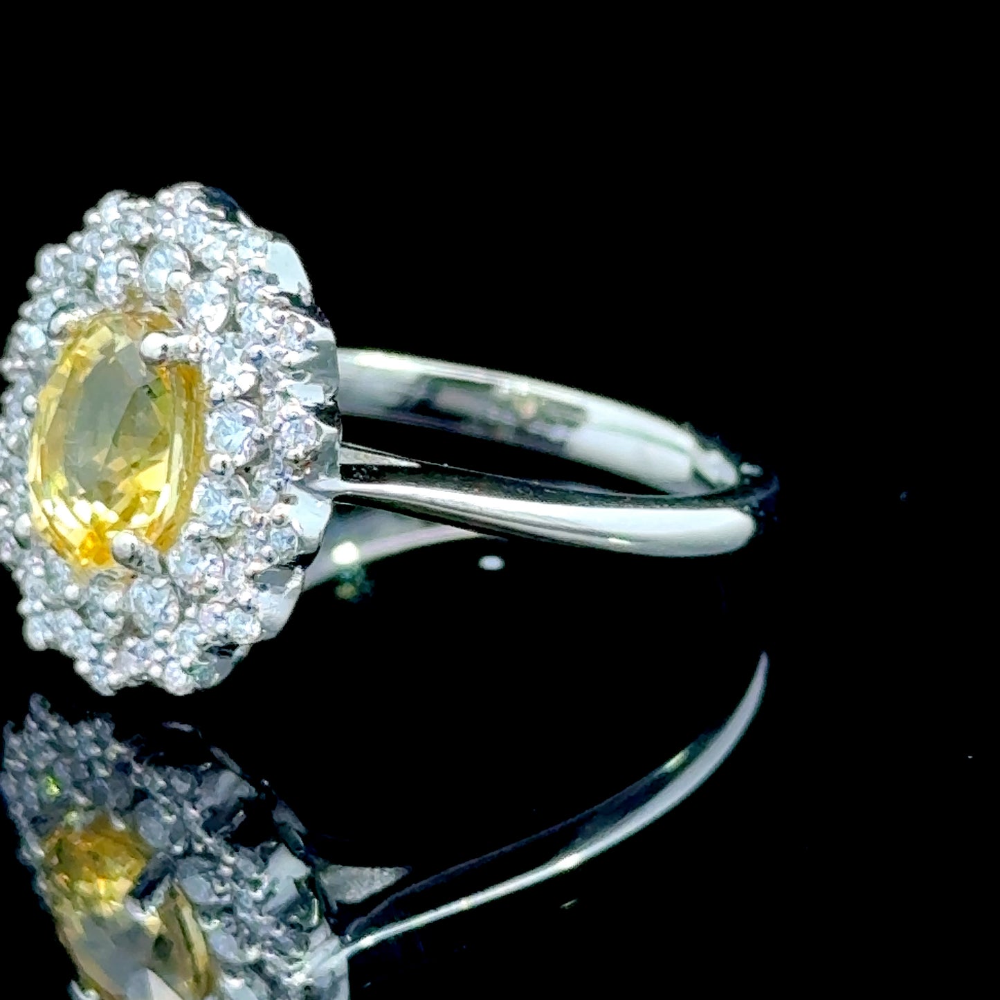 Platinum Yellow Sapphire & Diamond Cluster ring Size L1/2