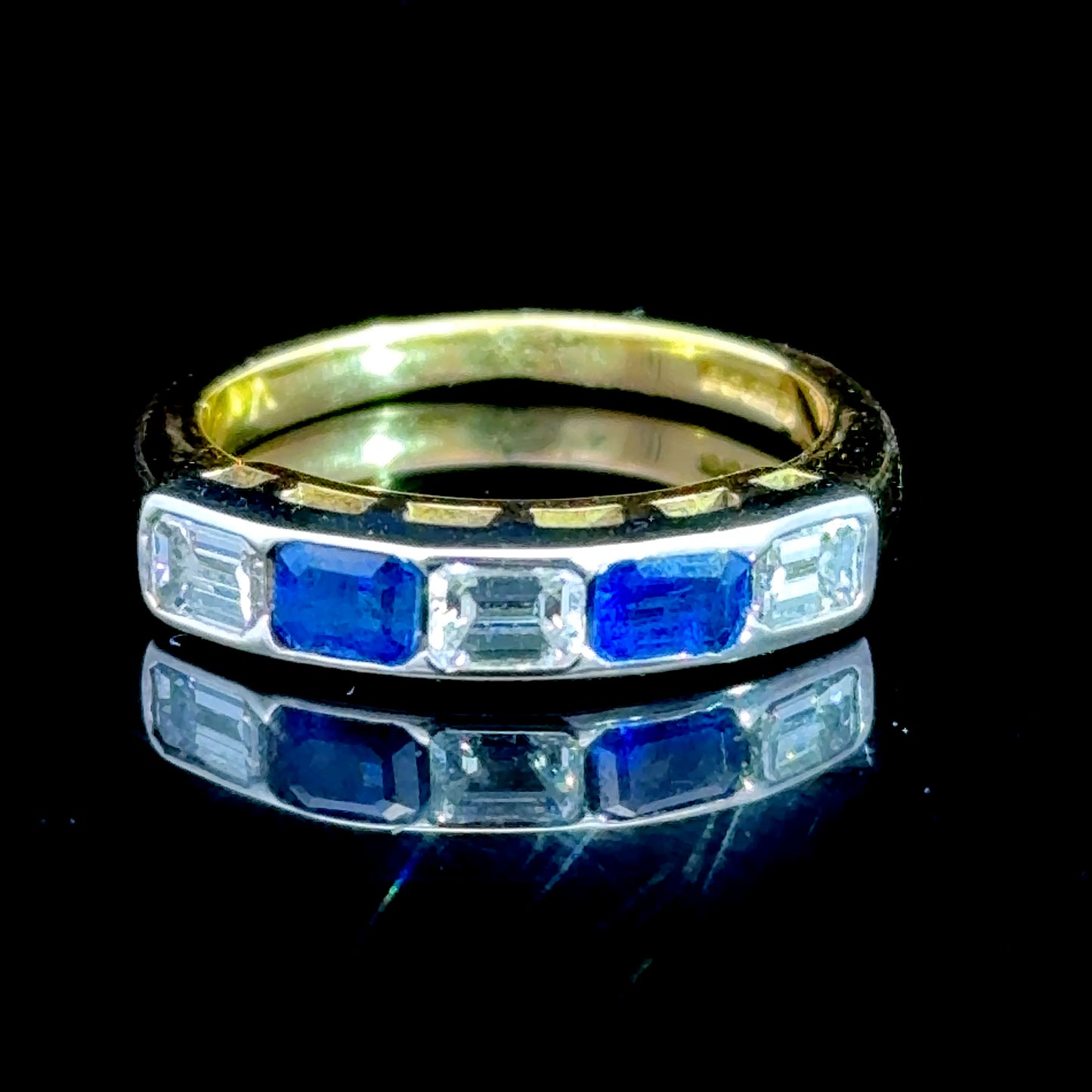 18K Yellow Gold / White Gold Baguette Sapphire & Diamond Band Ring