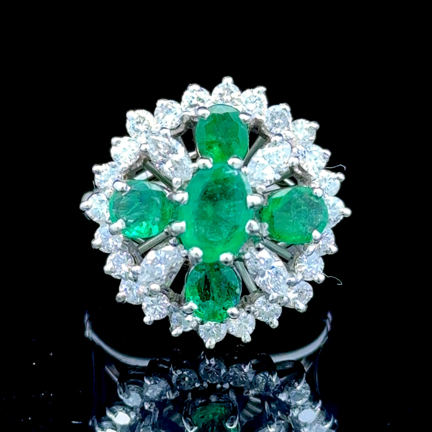 18K White Gold Emerald & Diamond Cluster Ring